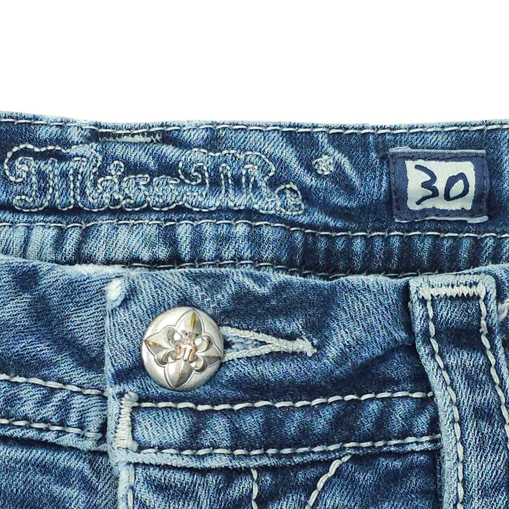 Miss Me Jeans Mid Rise Easy Boot Cut Faux Flap Size 30x29 READ Stretch Med Wash